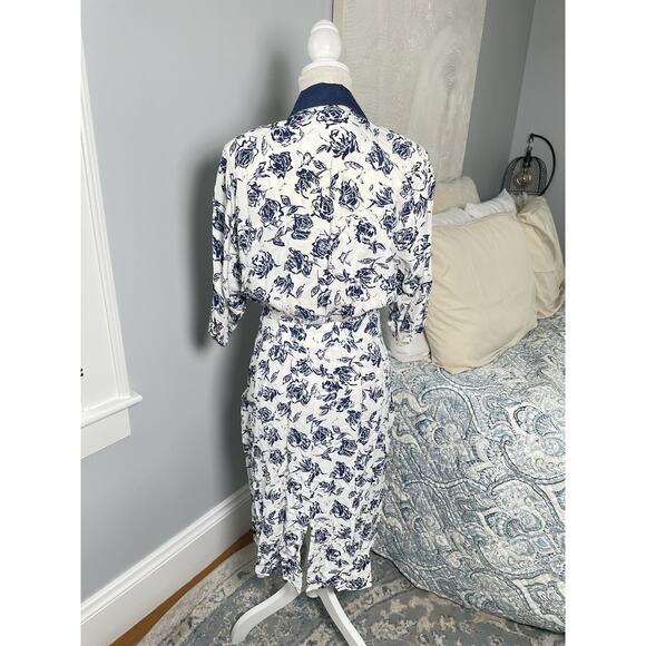 Vintage 80s Midi Shirt Dress Navy Floral Old Money Natutical Cottagecore Prep 12 - Picture 4 of 16